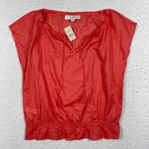 LOFT Blouse Womens SP Coral Red Smocked Waist Tassel Tie Boho Peplum Top Casual